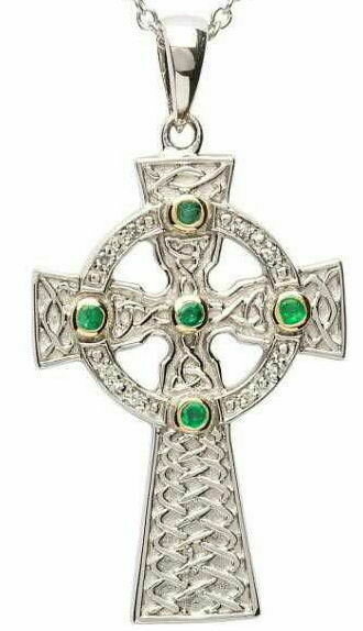 Sterling Silver Emerald Set Celtic Knot Design with Gold Plate Detail Celtic Cross & Chain