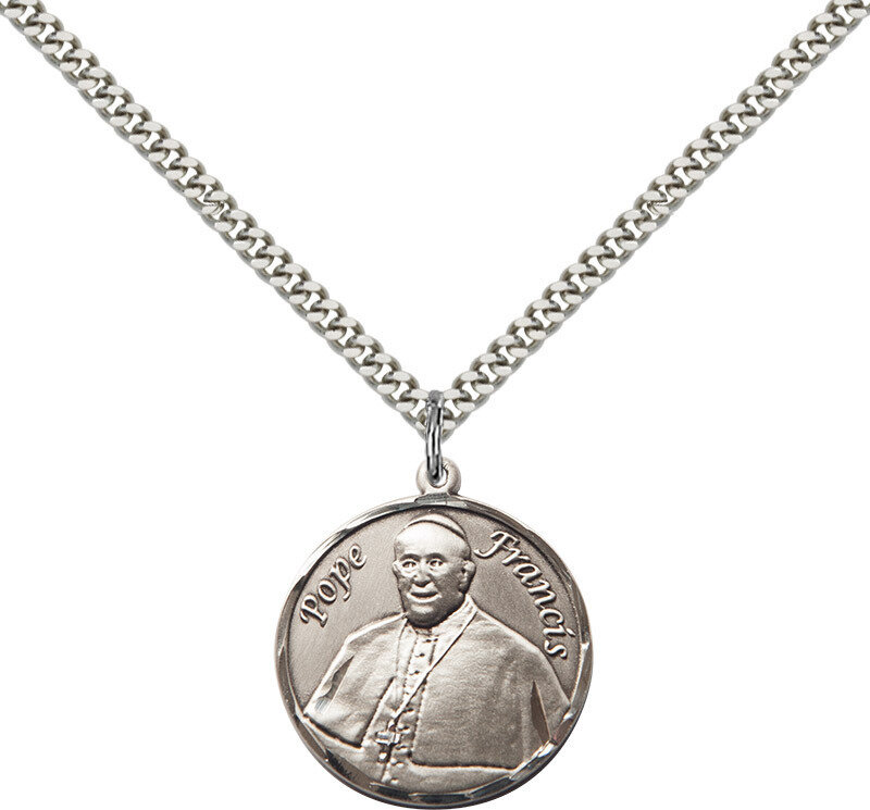 Sterling Silver Pope Francis Large Round Pendant on a 24" Light Rhodium Heavy Curb Endless Chain