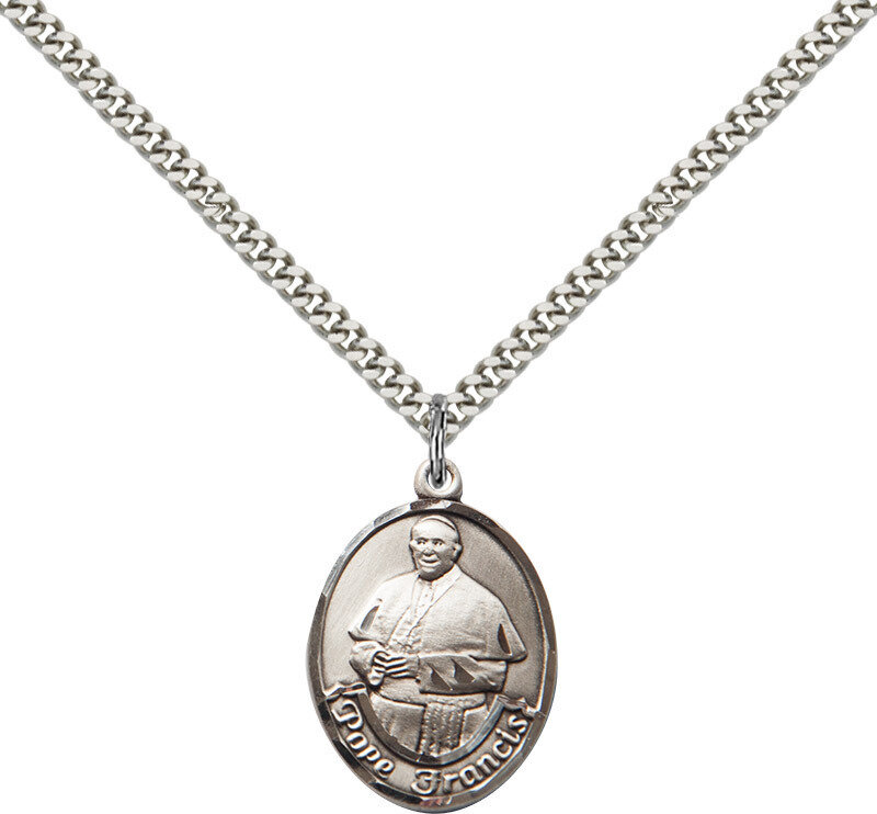 Sterling Silver Pope Francis Medium Oval Pendant on an 18" Light Rhodium Curb Chain with a Clasp