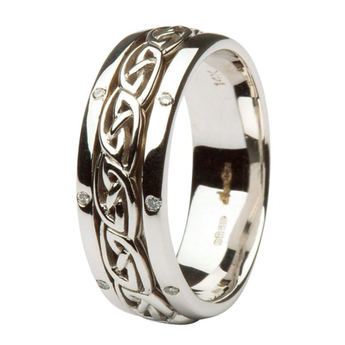 Ladies 14kt White Gold Celtic Wedding Ring Diamond Set Comfort Fit