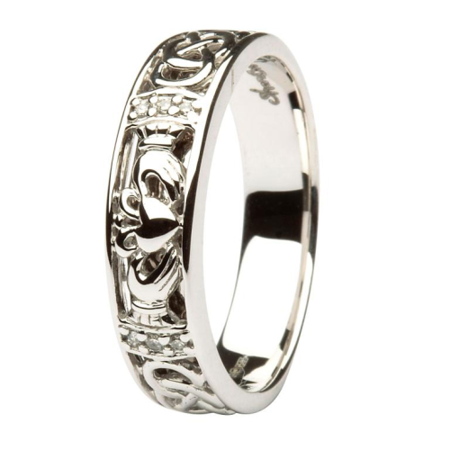 Ladies 14kt White Gold Claddagh Diamond Wedding Ring With Celtic Knot Design