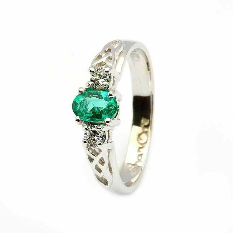 Celtic Trinity Knot Ring- 14kt White Gold, Oval Emerald and 2 Brilliant Cut Diamonds