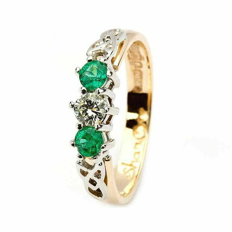 Celtic Trinity Knot Ring- 14kt Yellow and White Gold, 2 Emeralds and 1 Diamond