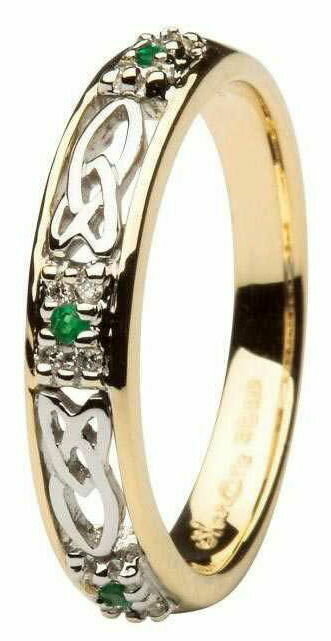 Ladies 14kt Gold Celtic Wedding Band Emerald and Diamond Set