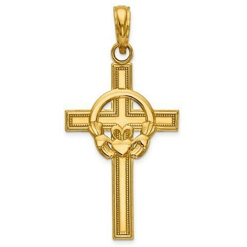 14kt Gold Polished Claddagh Cross Pendant