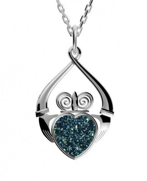 Sterling Silver Claddagh Drusy Pendant- Sea Green, & 18" Sterling Silver Chain