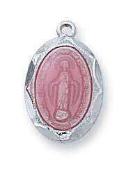 Sterling Silver Miraculous Pink Medal on a 16" Rhodium Plated Chain