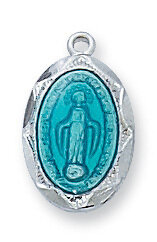 Sterling Silver Miraculous Blue Medal on a 16" Rhodium Plated Chain