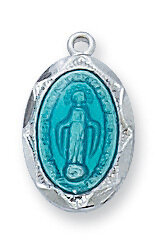 Sterling Silver Miraculous Blue Medal on a 16&quot; Rhodium Plated Chain