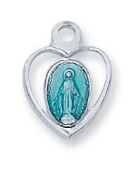 Sterling Silver Miraculous Blue Heart Medal on a 16&quot; Rhodium Plated Chain