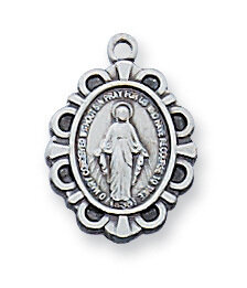 Sterling Silver Oval Miraculous Medal on a 16" Rhodium Plated Chain