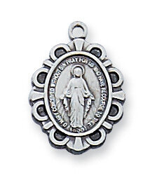 Sterling Silver Oval Miraculous Medal on a 16&quot; Rhodium Plated Chain
