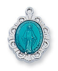 Sterling Silver Blue Miraculous Medal on a 16" Rhodium Plated Chain