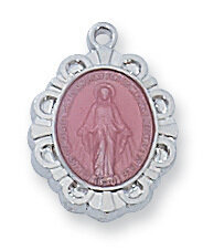 Sterling Silver Pink Miraculous Medal on a 16" Rhodium Plated Chain