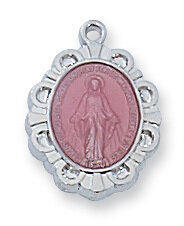 Sterling Silver Pink Miraculous Medal on a 16&quot; Rhodium Plated Chain