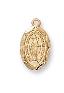 Gold Plated Small Oval Miraculous Medal on a 16" Gold Plated Chain