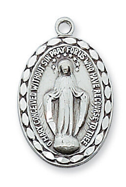 Sterling Silver Oval Edged Miraculous Medal on an 18&quot; Rhodium Plated Chain