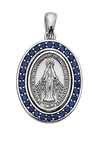Sterling Silver Blue Stone Miraculous Medal on a 18" Rhodium Plated Chain