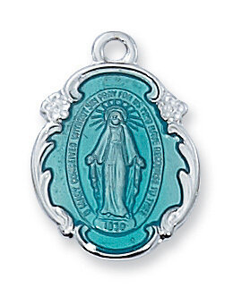 Sterling Silver Blue Enamel Miraculous Medal on a 18" Rhodium Plated Chain