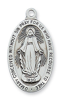 Sterling Silver Oval Fine Miraculous Medal on an 18&quot; Rhodium Plated Chain