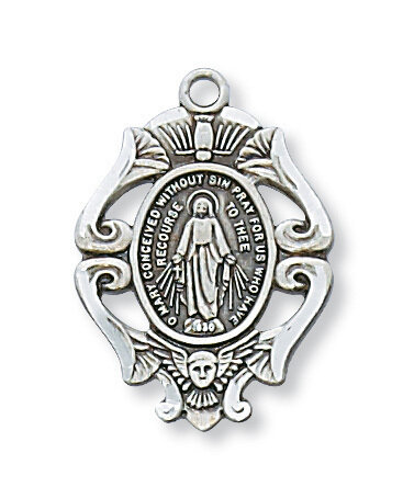 Sterling Silver Ornate Design Miraculous Medal on a 18" Rhodium Plated Chain