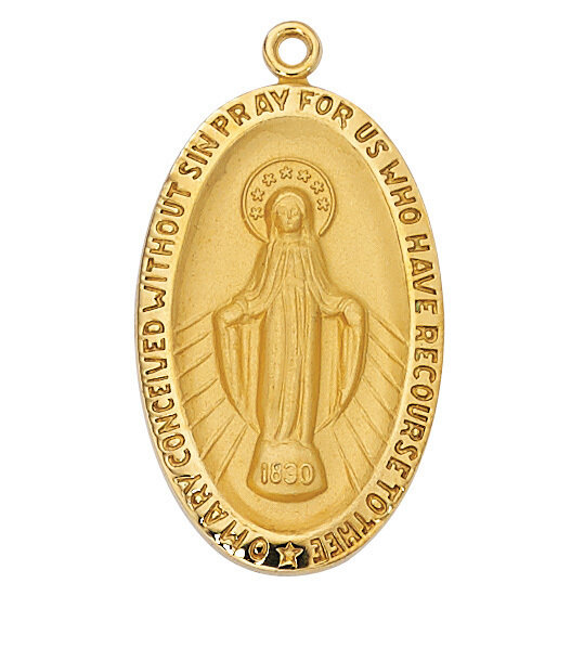 Gold Plated Large Oval Miraculous Medal on a 24" Gold Plated Chain