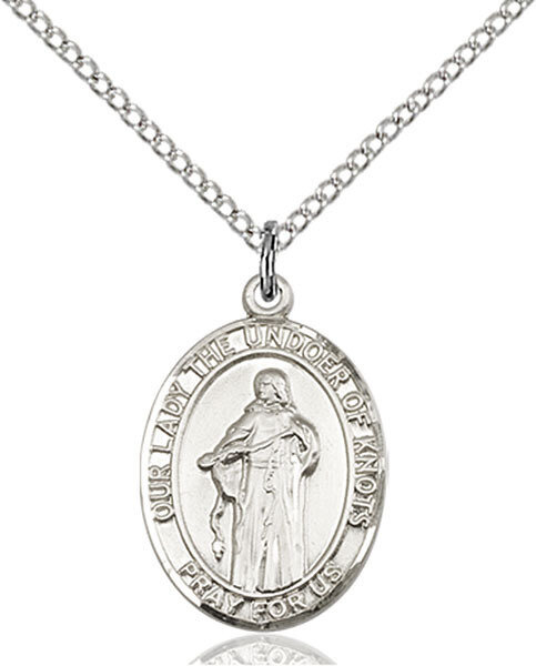 Sterling Silver Our Lady, Undoer of Knots Pendant on a 18" Light Rhodium Curb Chain with a Clasp