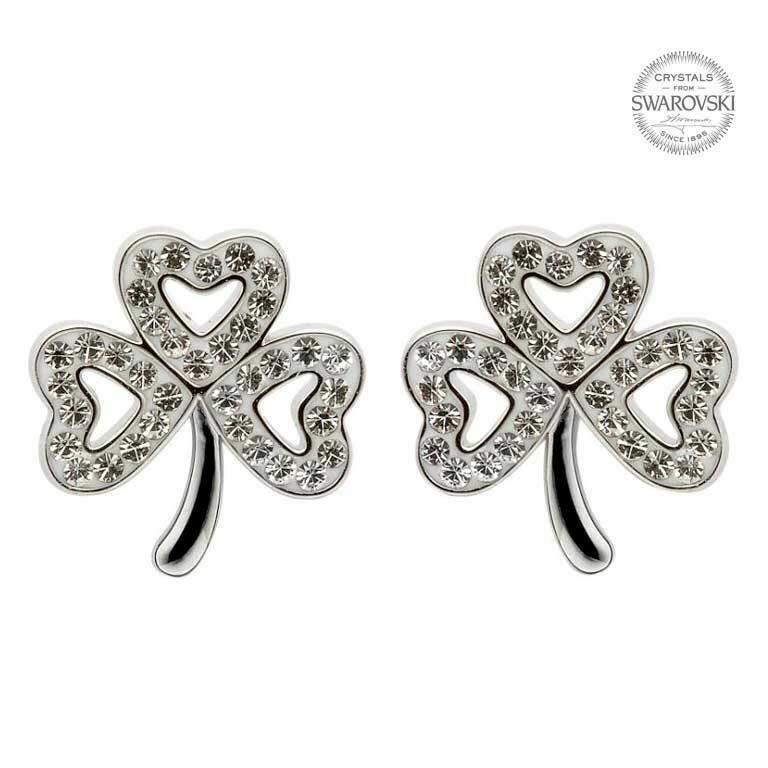 Sterling Silver Shamrock Stud Earrings Adorned with Swarovski Crystals