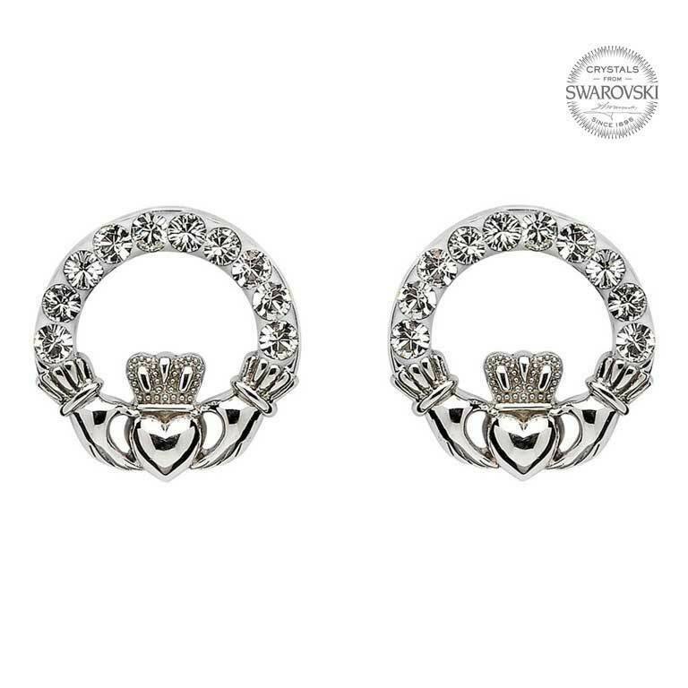 Sterling Silver Claddagh Stud Earrings Adorned with Swarovski Crystals