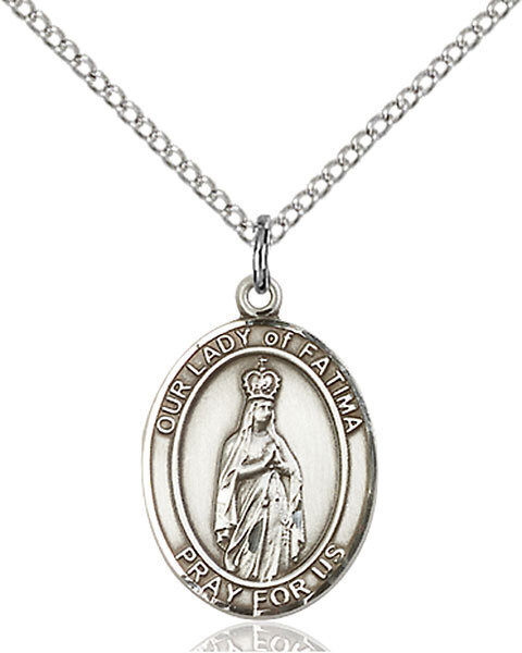 Sterling Silver Our Lady of Fatima Pendant on a 18" Light Rhodium Curb Chain with a Clasp