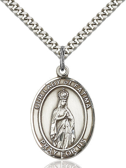 Sterling Silver Our Lady of Fatima Pendant on a 24" Light Rhodium Heavy Curb Endless Chain