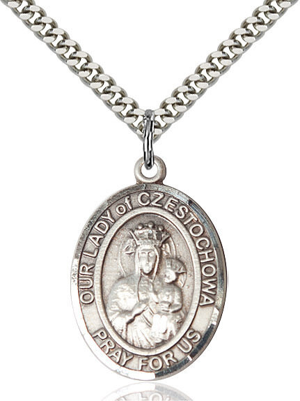 Sterling Silver Our Lady of Czestochowa Pendant on a 24" Light Rhodium Heavy Curb Endless Chain