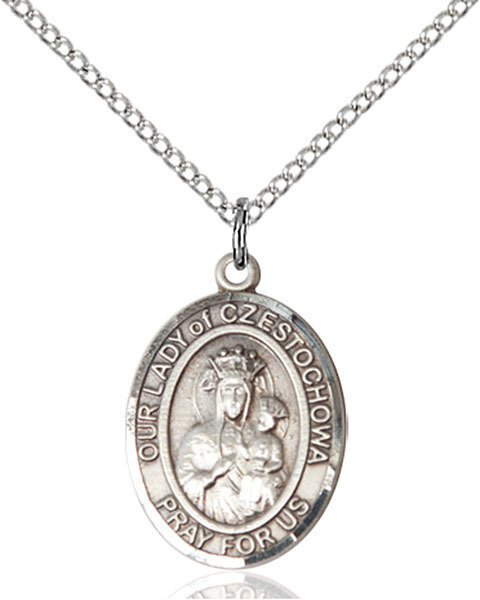 Sterling Silver Our Lady of Czestochowa Pendant on an 18" Light Rhodium Curb Chain with a Clasp