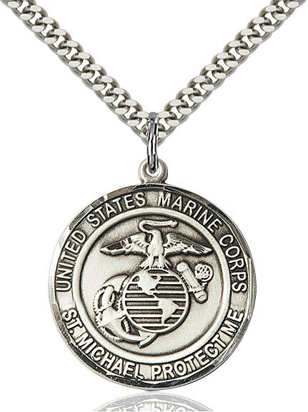Sterling Silver U.S. Marines/St. Michael Medal on a 24" Light Rhodium Chain