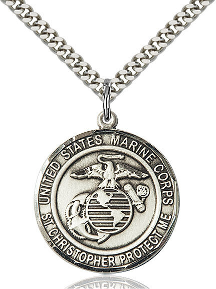 Sterling Silver U.S. Marines/St. Christopher Medal on a 24" Light Rhodium Chain