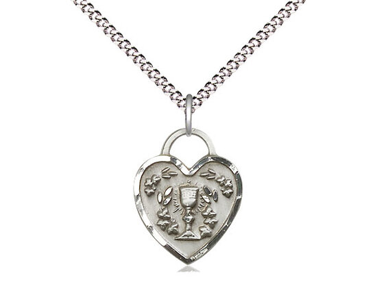 Sterling Silver Communion Heart Pendant on a 18&quot; Light Rhodium Light Curb Chain