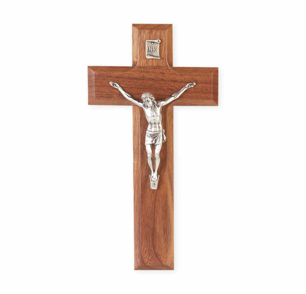 8" Genuine Walnut Cross with Antiqued Silver-Plated Corpus
