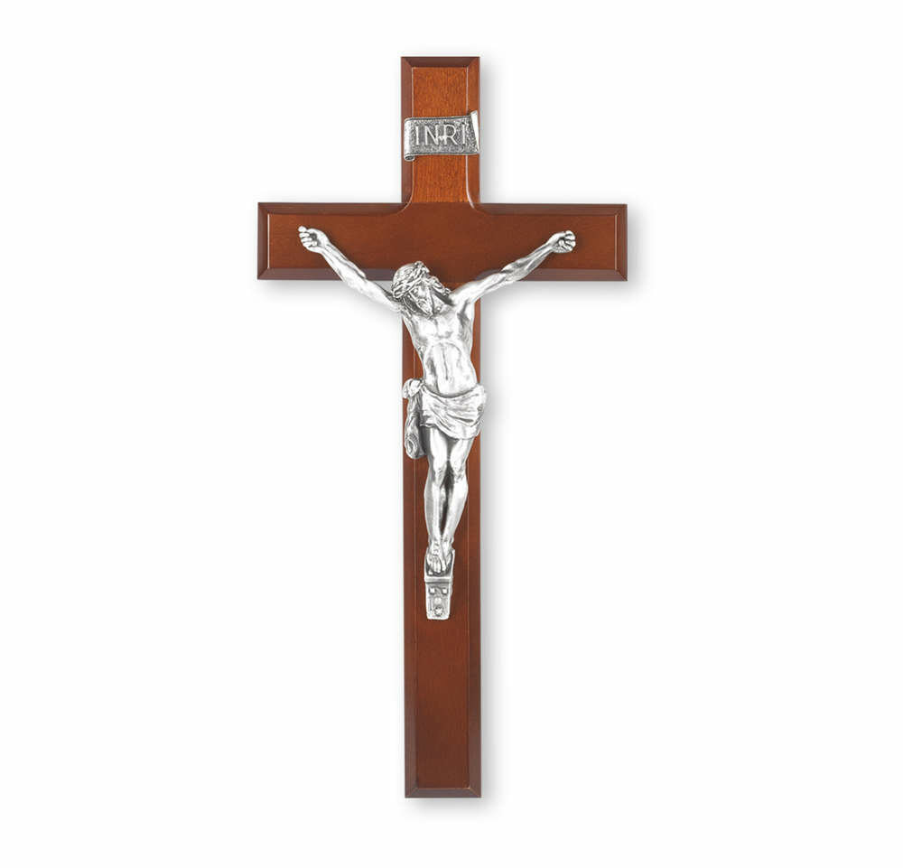 12&quot; Dark Cherry Wood Cross Crucifix with Antiqued Fine Pewter Corpus