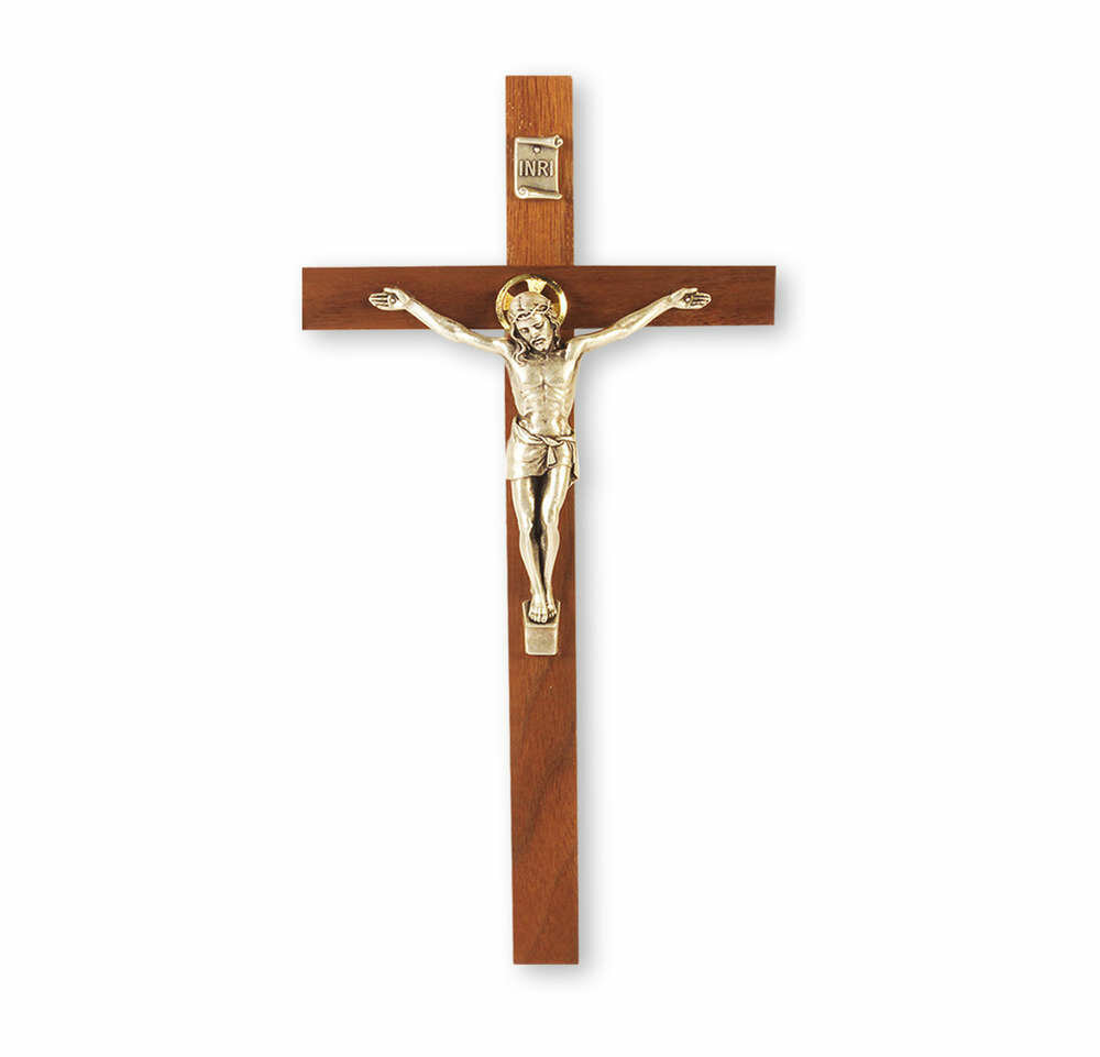 9" Genuine Walnut Cross with Antiqued Silver-Plated Corpus