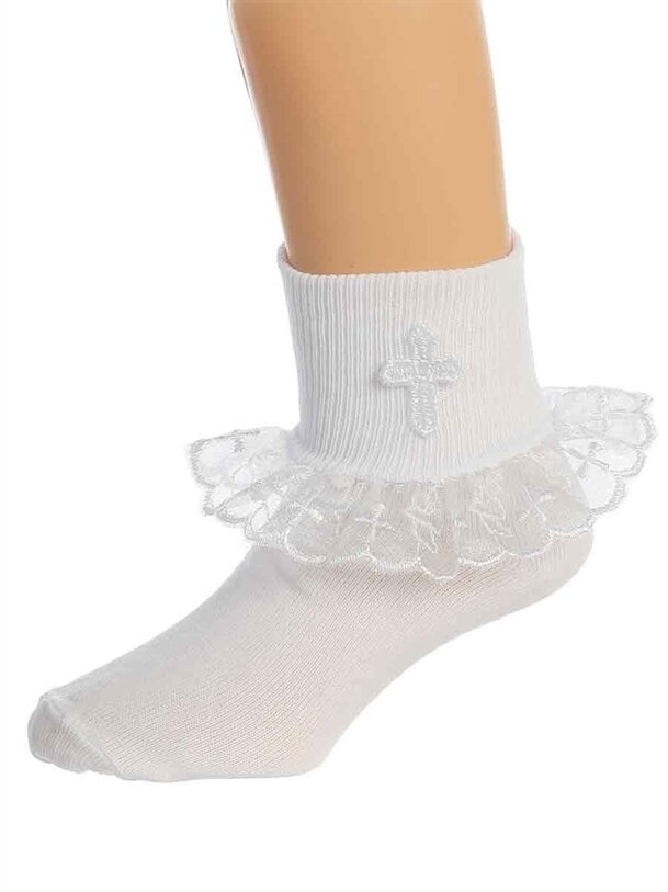 Girl&#39;s White Socks with Lace Trim and Cross