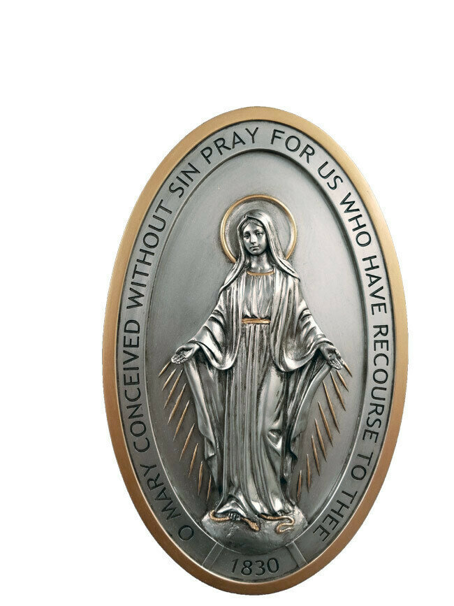 Miraculous Medal plaque, pewter style finish with gold trim, 5x8"