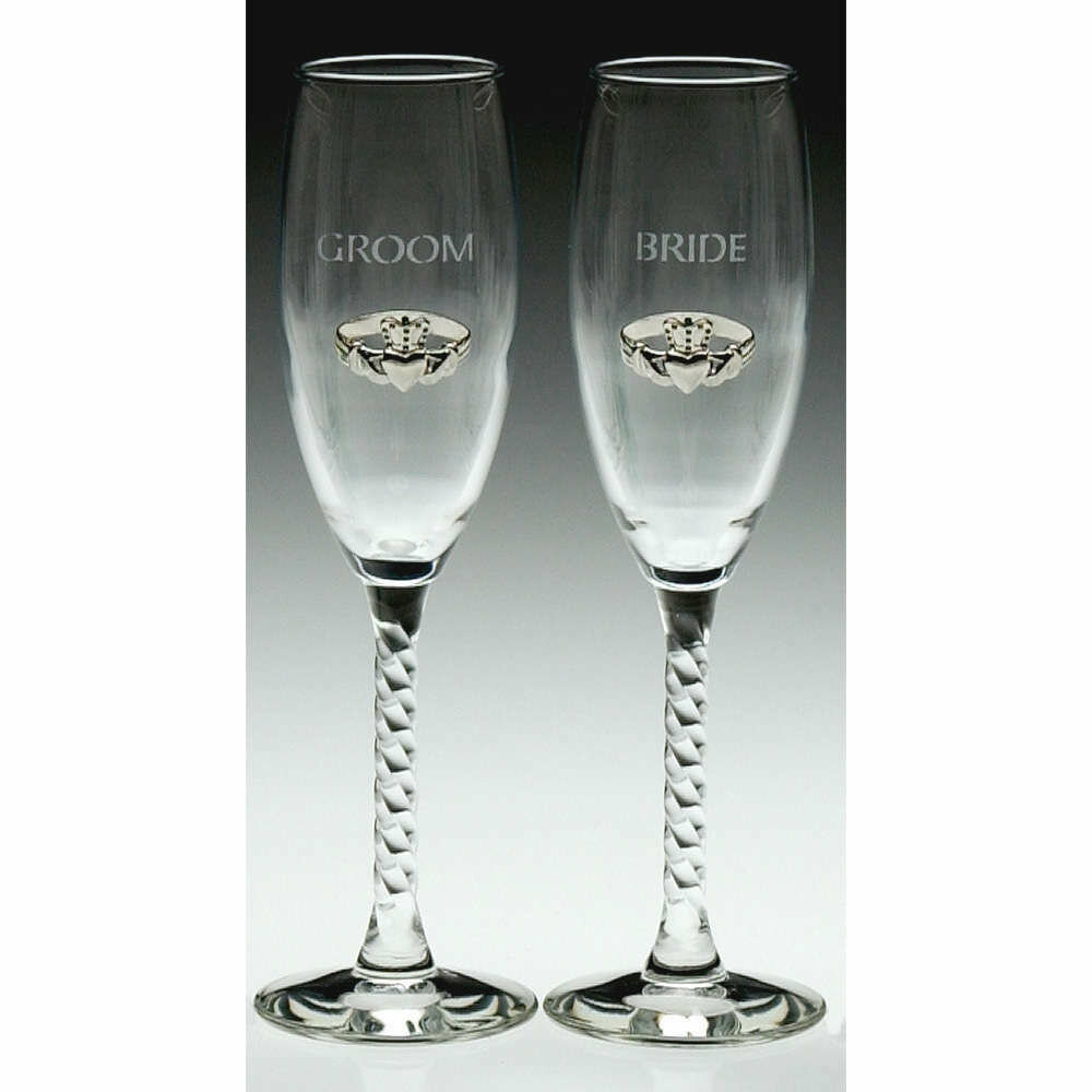 Bride and Groom Claddagh Wedding Flute Glasses