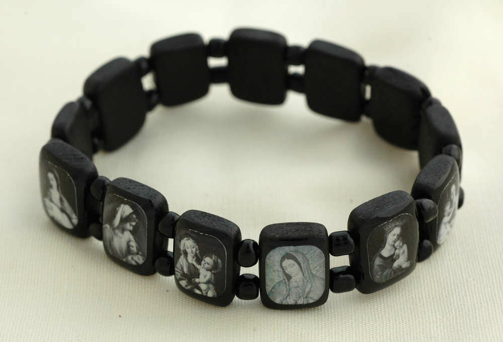 Brazilian Wood Bracelet- Various Saints, Black with Black and White Pictures