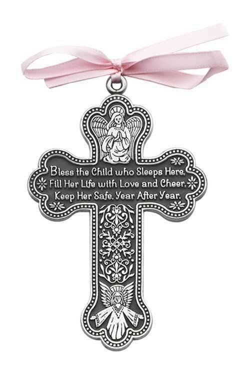 "Bless This Child Who Lives Here" Crib Cross with Pink Ribbon