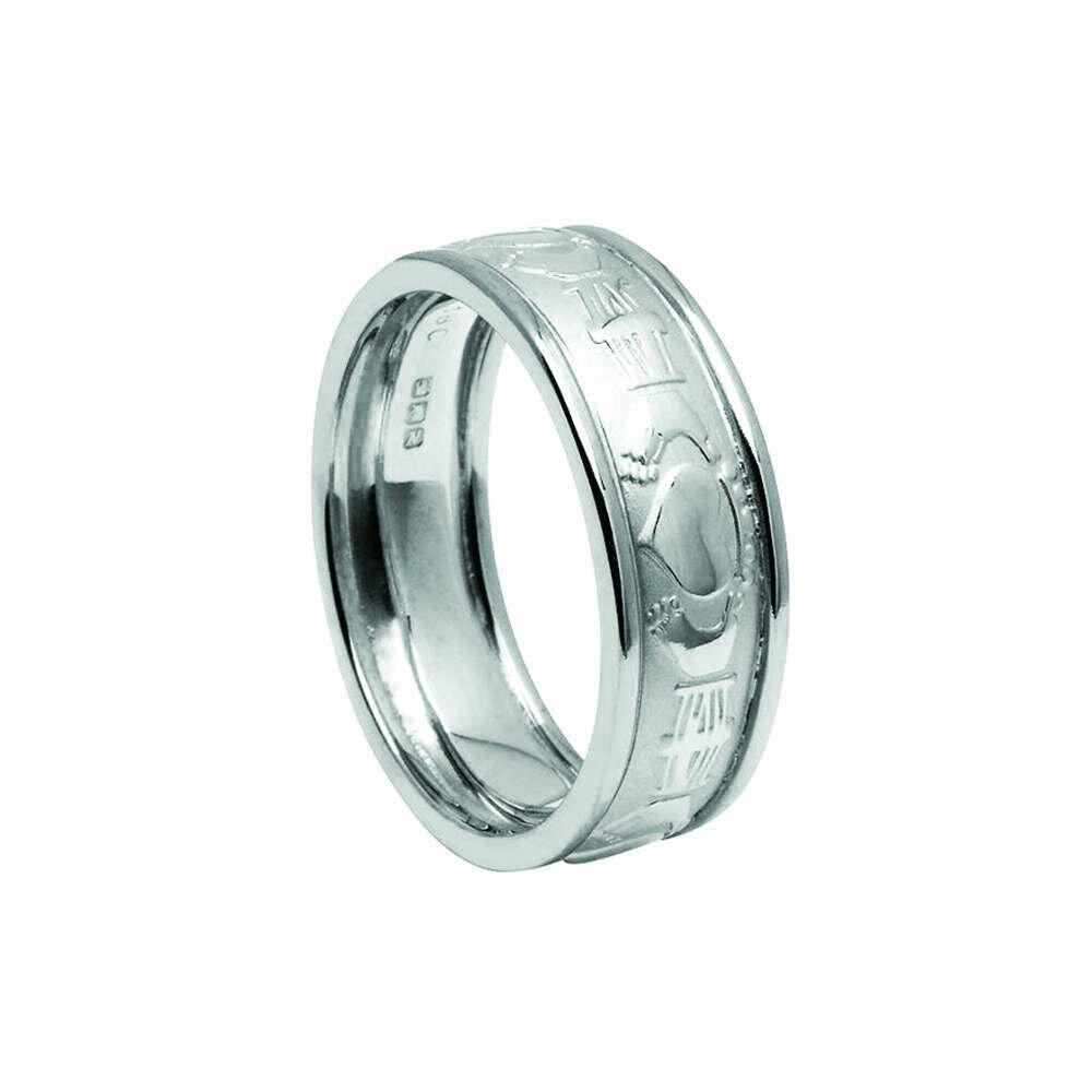 Mens 10kt White Gold Claddagh Court/White Gold Trim Wedding Band