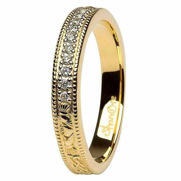 Claddagh Celtic Diamond Set 14kt Yellow Gold Wedding Ring