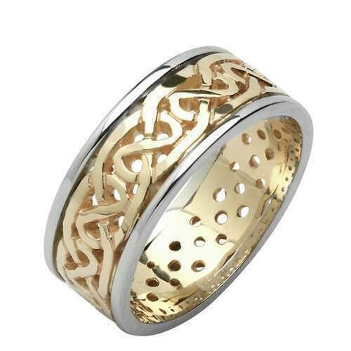 Mens 14kt Gold Two Tone Medium Pierced Trinity Knot Wedding Band (White Edge)