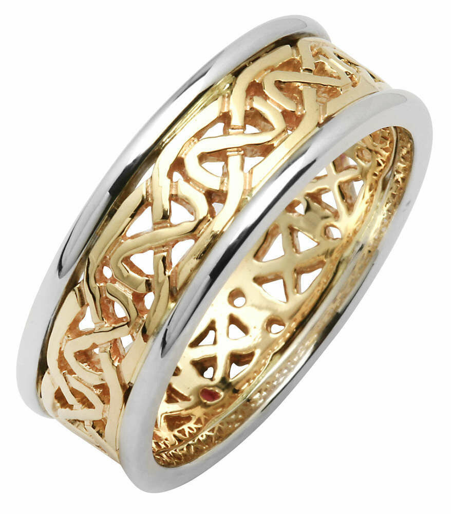 Mens 14kt Gold Two Tone Narrow Pierced Trinity Knot Wedding Band (White Edge)