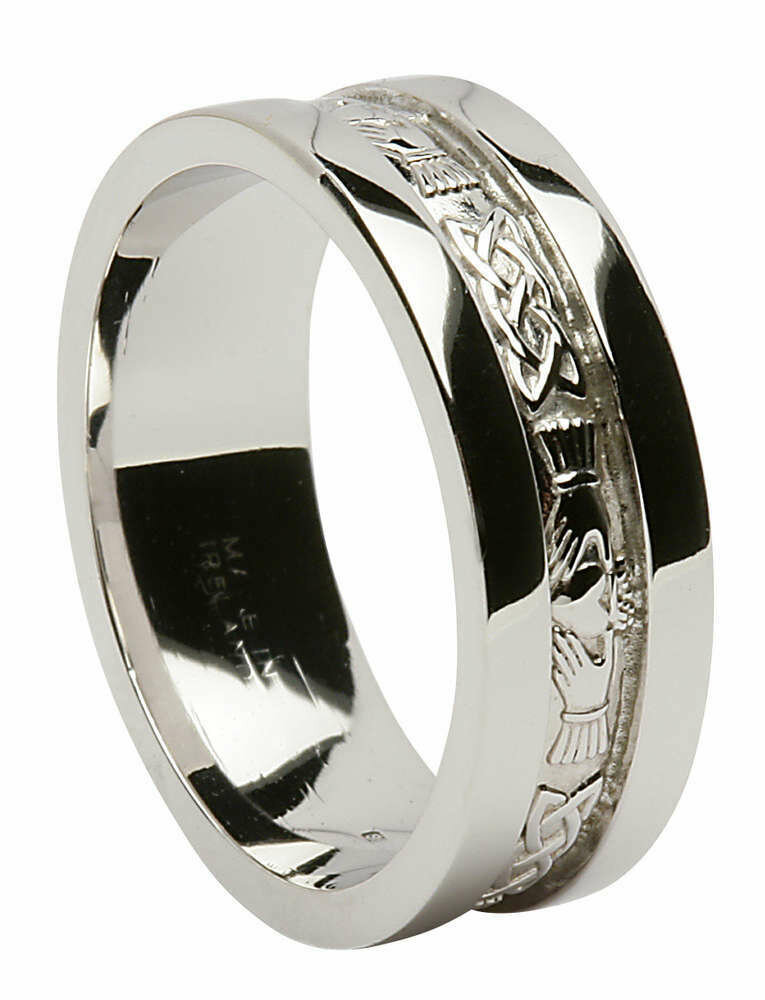 Mens 14kt White Gold Corrib Claddagh with Wide Sides