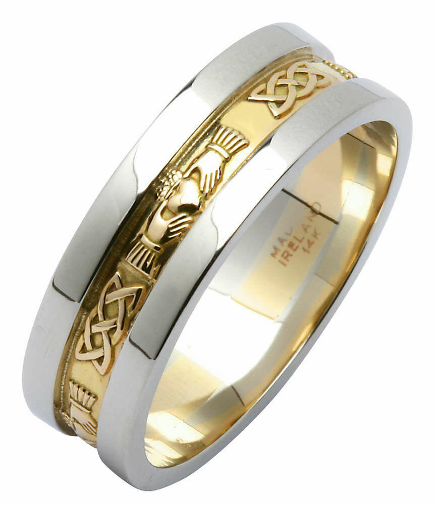 Mens 14kt Gold Yellow Corrib Claddagh with White Wide Sides